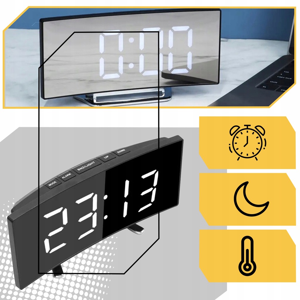 ZEGAR CYFROWY NOWOCZESNY ELEKTRONICZNY STOJĄCY BUDZIK LED LUSTERKO Kod producenta ALARM CZUJNIK ZEGAREK DO SYPIALNI LUSTRO LED